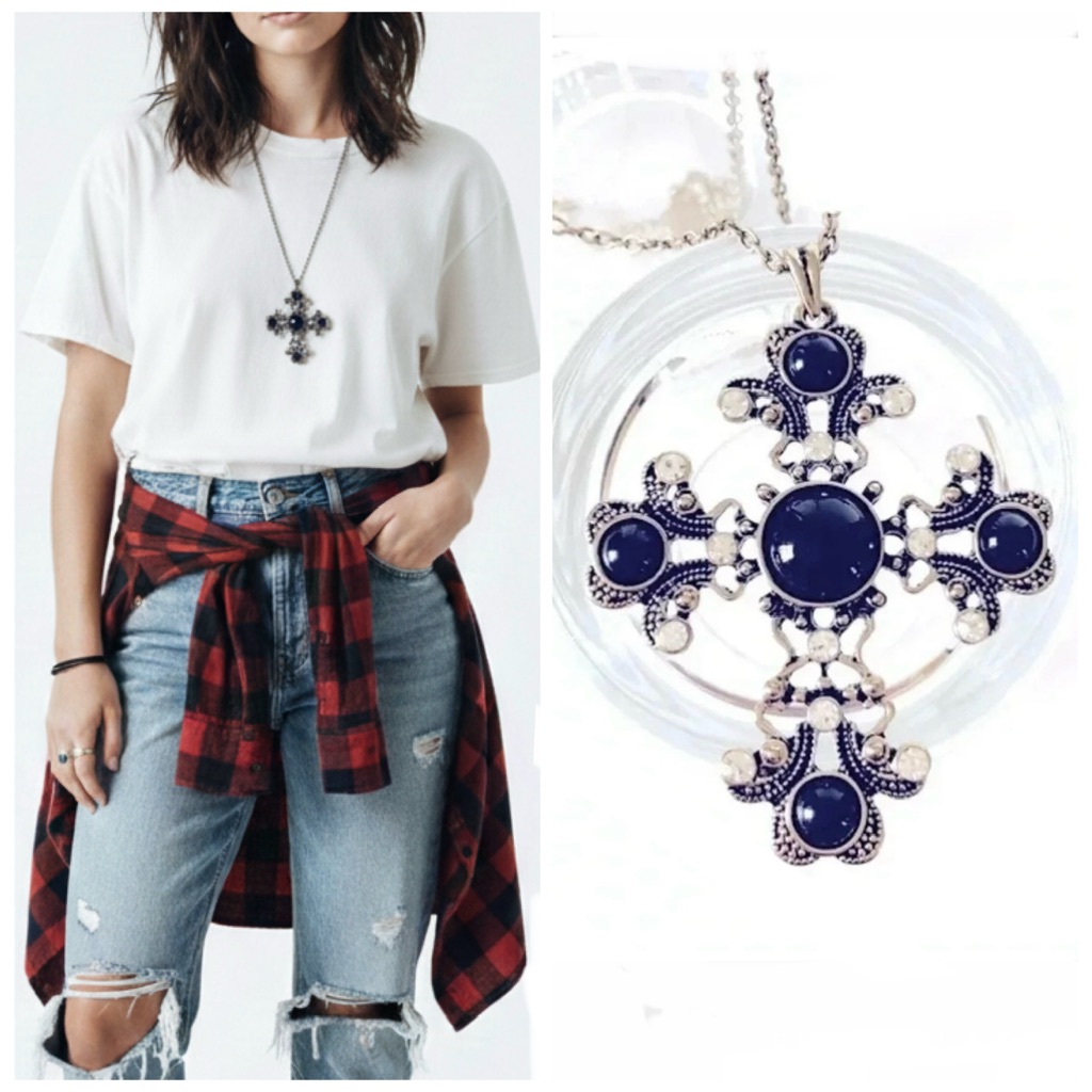 Zad Fashion Jewelry Silver Tone Rhinestone Cross Necklace 19$